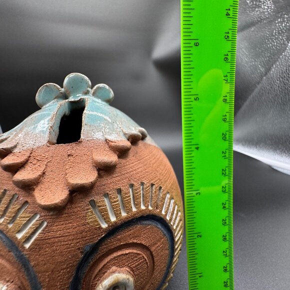 Pottery Owl Coin Bank Figurine Red Clay Signed Copeland Blue Glaze - Picture 5 of 5